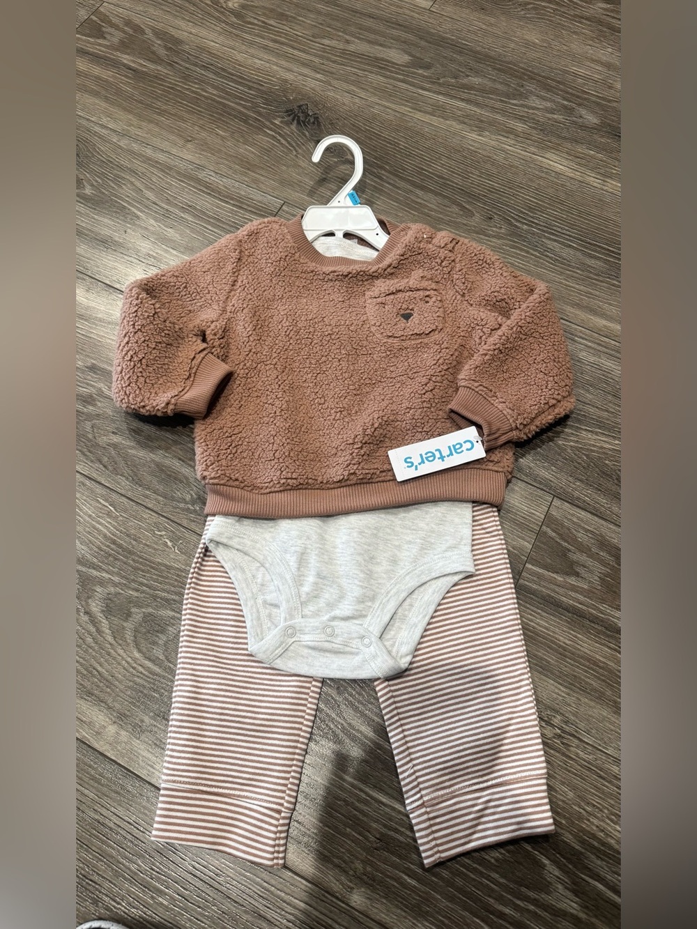 NWT Carter's Mauve Brown Sherpa Top with Striped Leggings and Heather Bodysuit